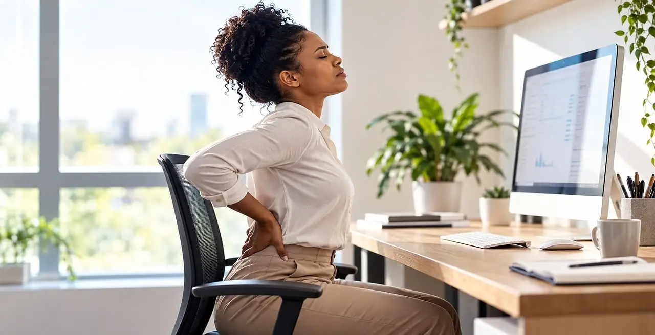 back pain, desk, herb plant, stretch, working from home, ergonomic furniture, lower back pain, working posture, home office, shelf, office, focus, workspace, back health, green plant, stretching, poor posture, office environment, tired day